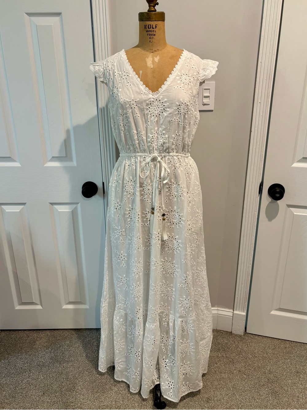 Solitaire Los Angeles White Cotton Eyelet Boho Maxi Dress with Drawstring Waist